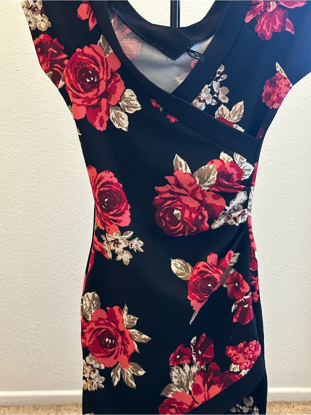 Rue21 Black Midi Dress with Red Rose Print and Cream Leaves